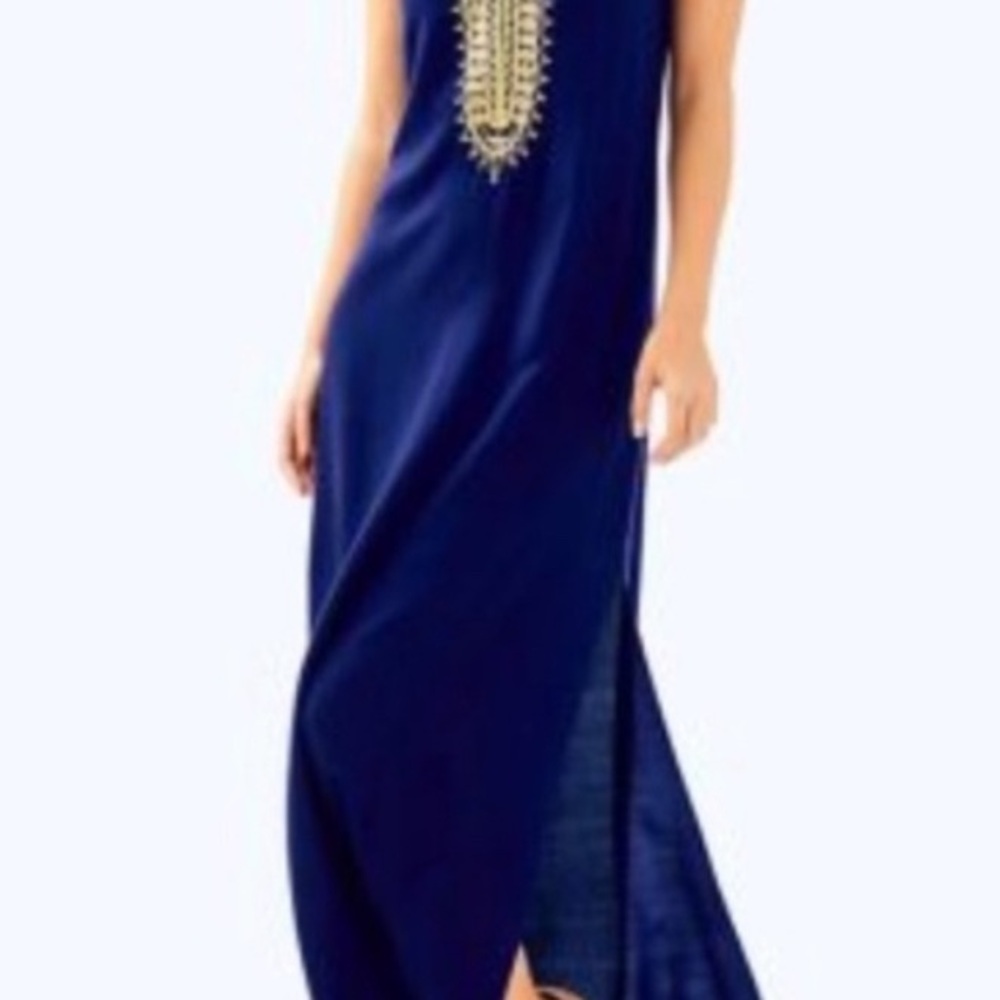 Navy Sleeveless Dress with Gold Embroidery Lilly Pulitzer sz 10 Jane Maxi dress - Picture 2 of 11